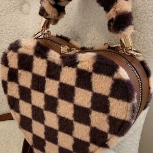 Checkered Heart-Shaped Faux Fur Bag
